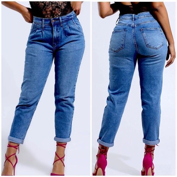 Luna Nora Medium Wash Denim Pleat Front High Rise Mom Jeans - Picture 1 of 5